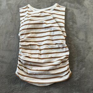 NWT Loft Sleeveless Tank Top Shirt SMALL Fitted Ruched Tan White Striped